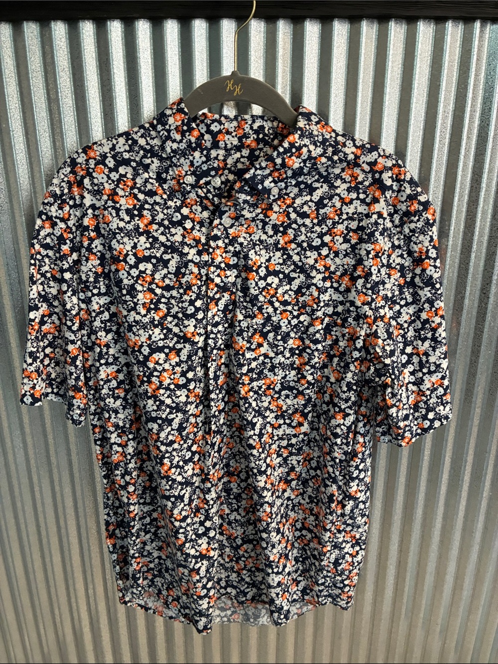 George Navy Short-Sleeve Button-Down with White and Orange Floral Print